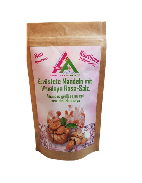 Amandes grillées au sel rose d'Himalaya en sachet papier de 150gr ,100% naturelles et artisanales et faites en Suisse.