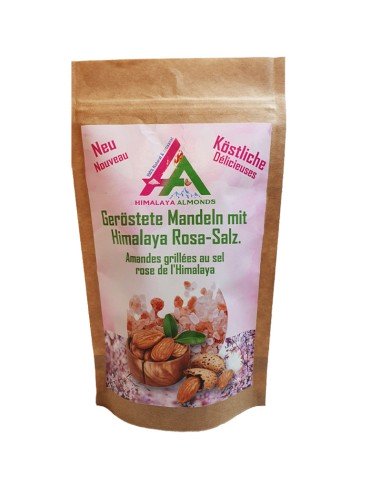 Amandes grillées au sel rose d'Himalaya en sachet papier de 150gr ,100% naturelles et artisanales et faites en Suisse.